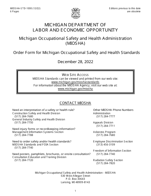 Form MIOSHA-STD-1000  Printable Pdf