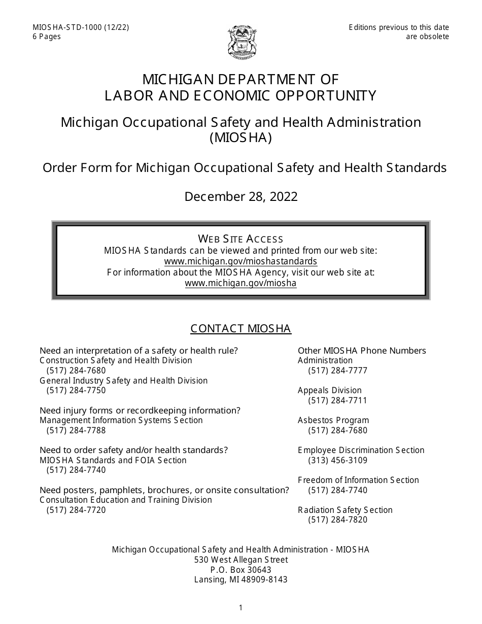 Form MIOSHA-STD-1000 Miosha Standards Order Form - Michigan, Page 1