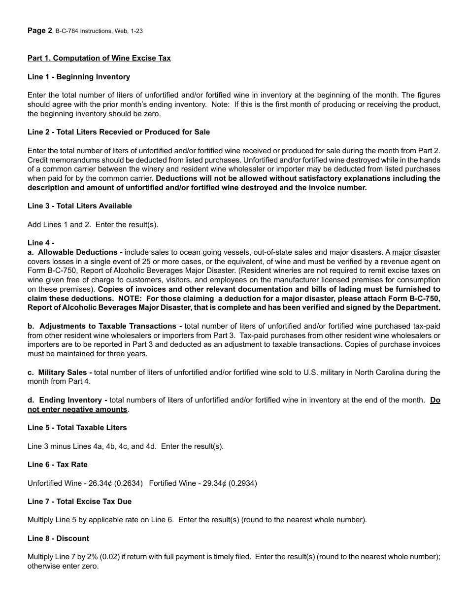 Instructions for Form B-C-784 Wine Wholesaler and Importer and Resident Winery Excise Tax Return - North Carolina, Page 2