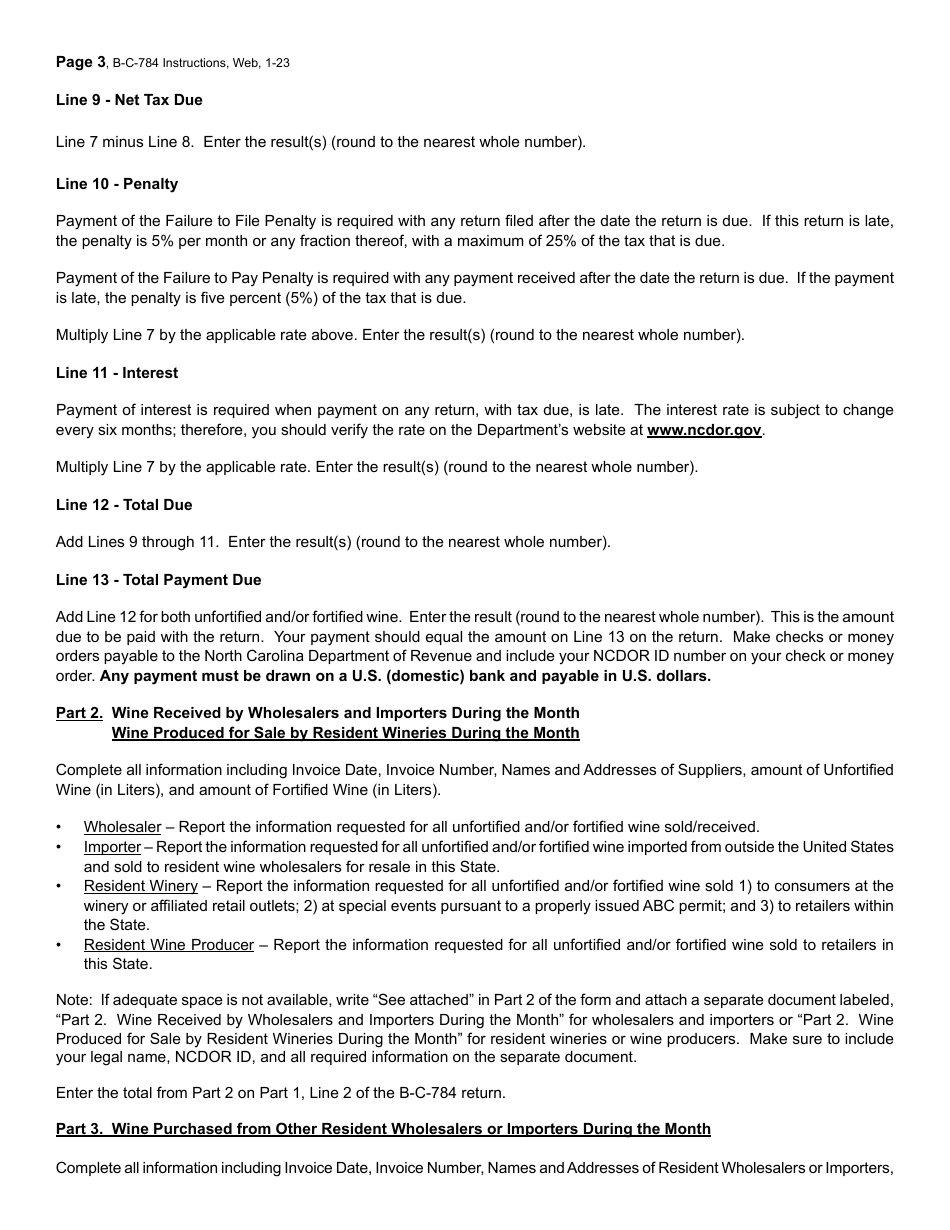 Instructions for Form B-C-784 Wine Wholesaler and Importer and Resident Winery Excise Tax Return - North Carolina, Page 3