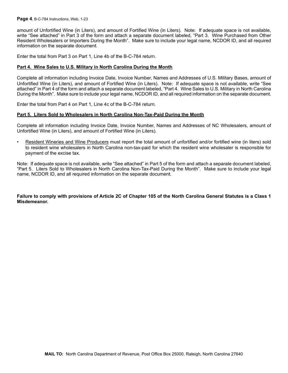 Instructions for Form B-C-784 Wine Wholesaler and Importer and Resident Winery Excise Tax Return - North Carolina, Page 4