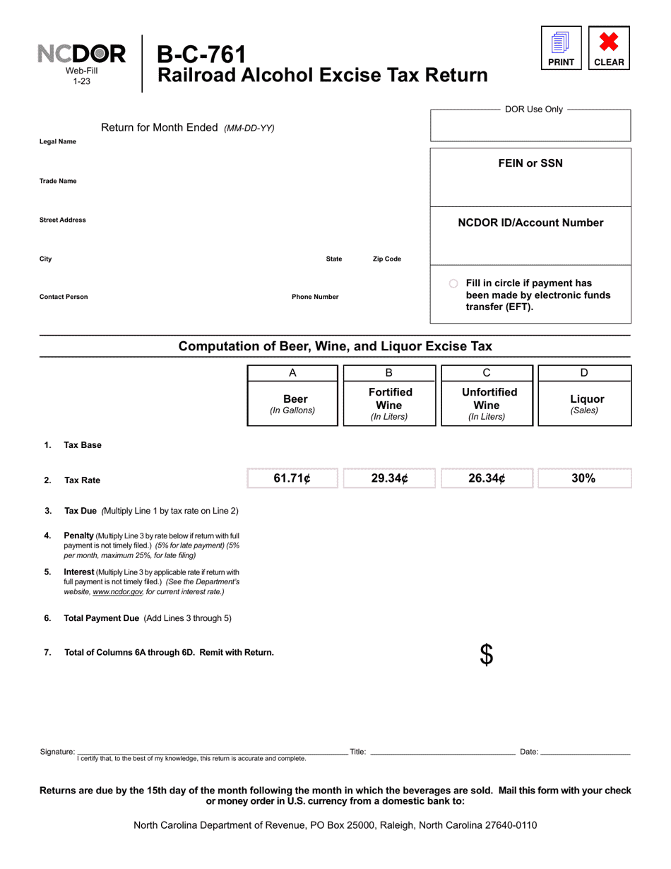 Form B-C-761 Railroad Alcohol Excise Tax Return - North Carolina, Page 2