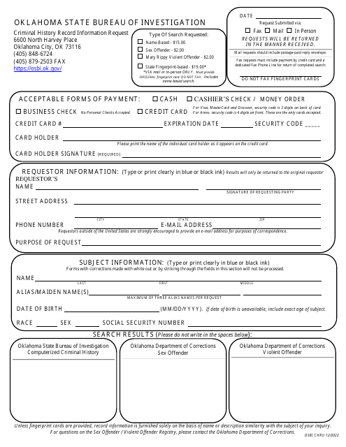 Criminal History Record Information Request - Oklahoma Download Pdf