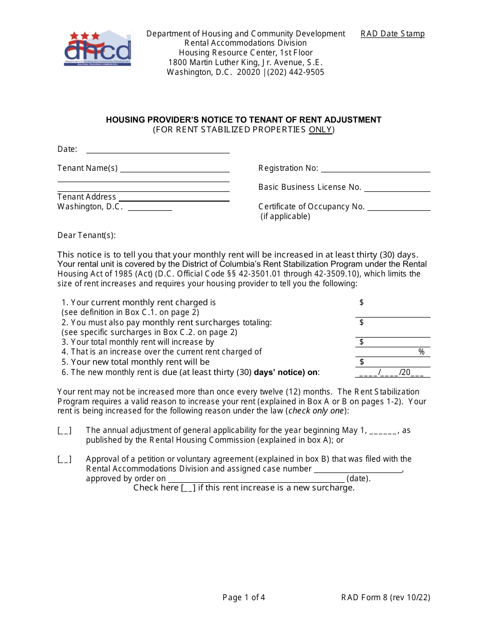 RAD Form 8 Housing Providers Notice to Tenant of Rent Adjustment (For Rent Stabilized Properties Only) - Washington, D.C., Page 1