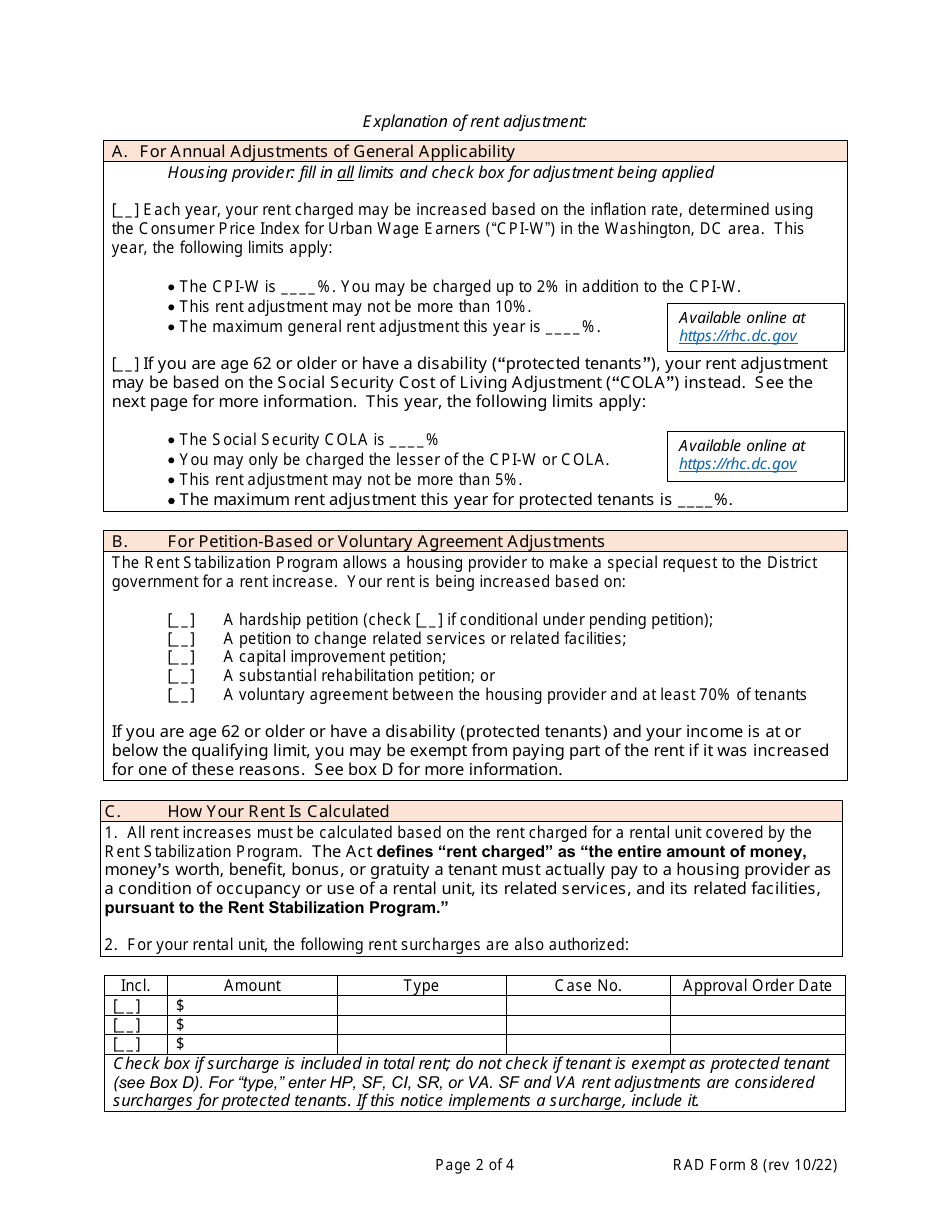 RAD Form 8 Housing Providers Notice to Tenant of Rent Adjustment (For Rent Stabilized Properties Only) - Washington, D.C., Page 2
