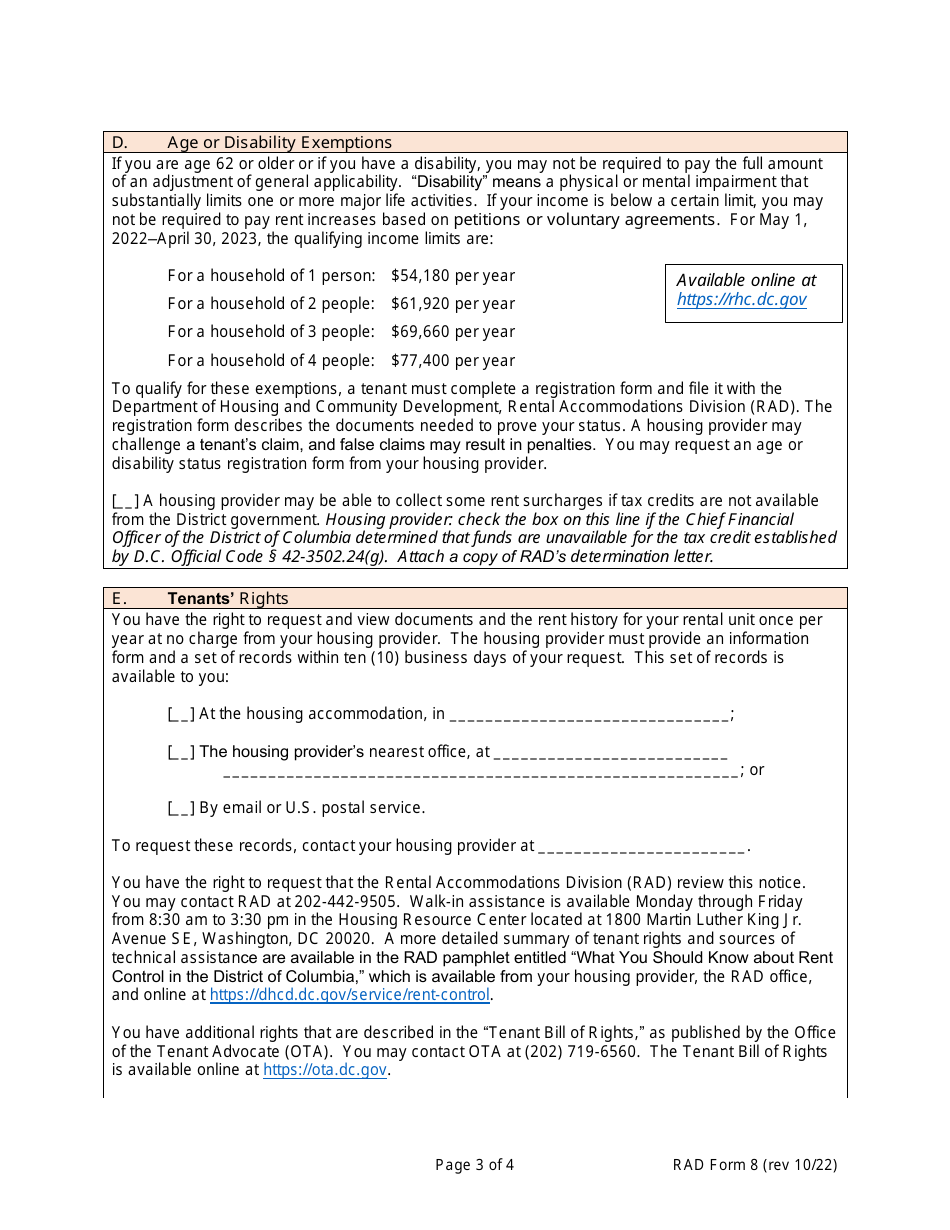 RAD Form 8 Housing Providers Notice to Tenant of Rent Adjustment (For Rent Stabilized Properties Only) - Washington, D.C., Page 3