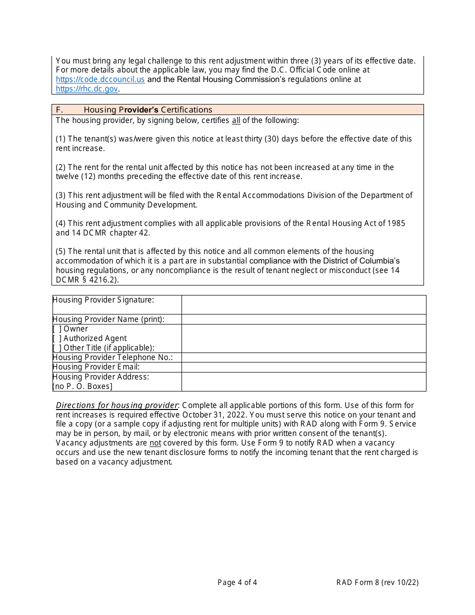 RAD Form 8 Housing Providers Notice to Tenant of Rent Adjustment (For Rent Stabilized Properties Only) - Washington, D.C., Page 4