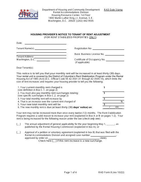 RAD Form 8 Housing Provider's Notice to Tenant of Rent Adjustment (For Rent Stabilized Properties Only) - Washington, D.C.