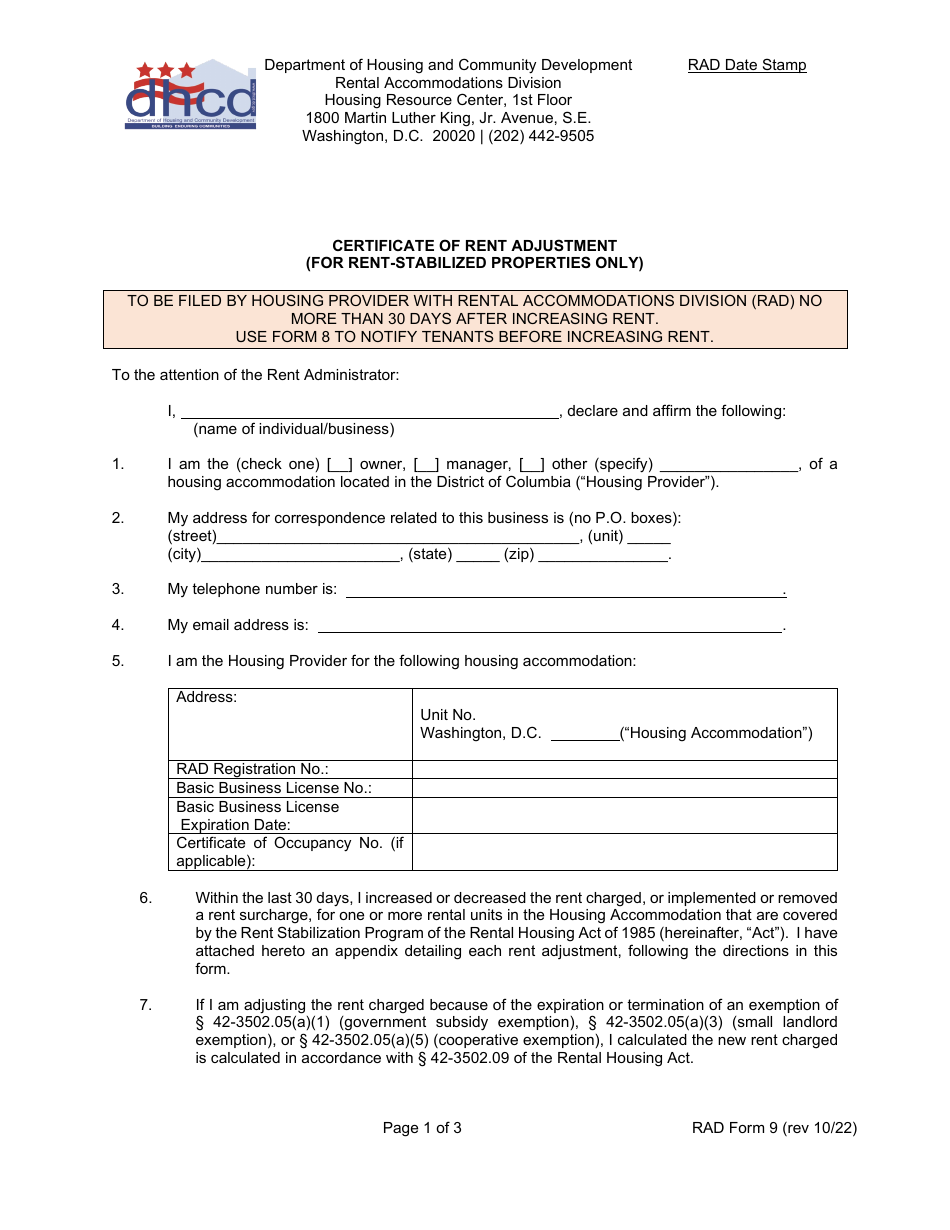 RAD Form 9 Certificate of Rent Adjustment (For Rent-Stabilized Properties Only) - Washington, D.C., Page 1
