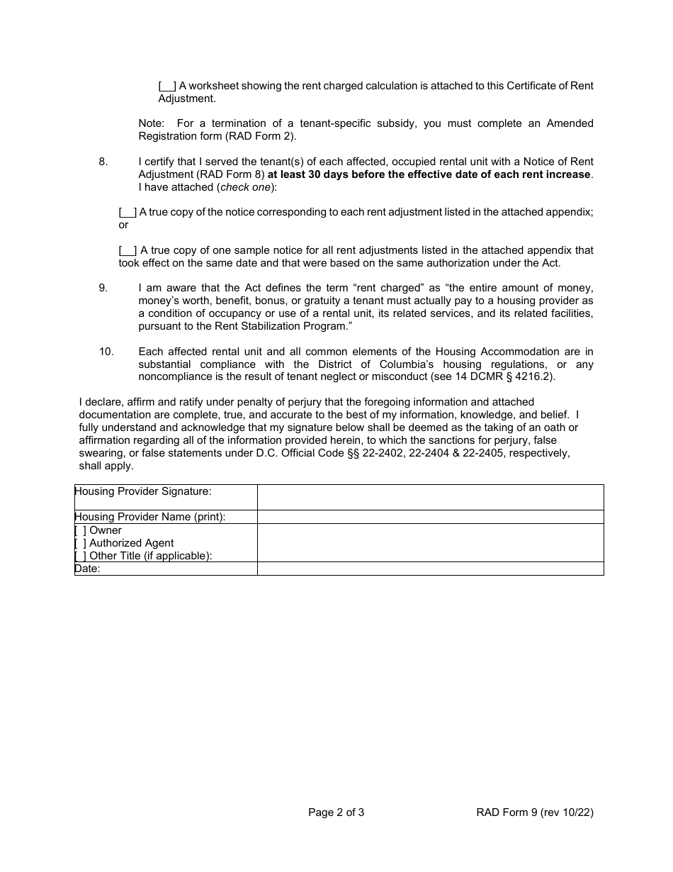RAD Form 9 Certificate of Rent Adjustment (For Rent-Stabilized Properties Only) - Washington, D.C., Page 2