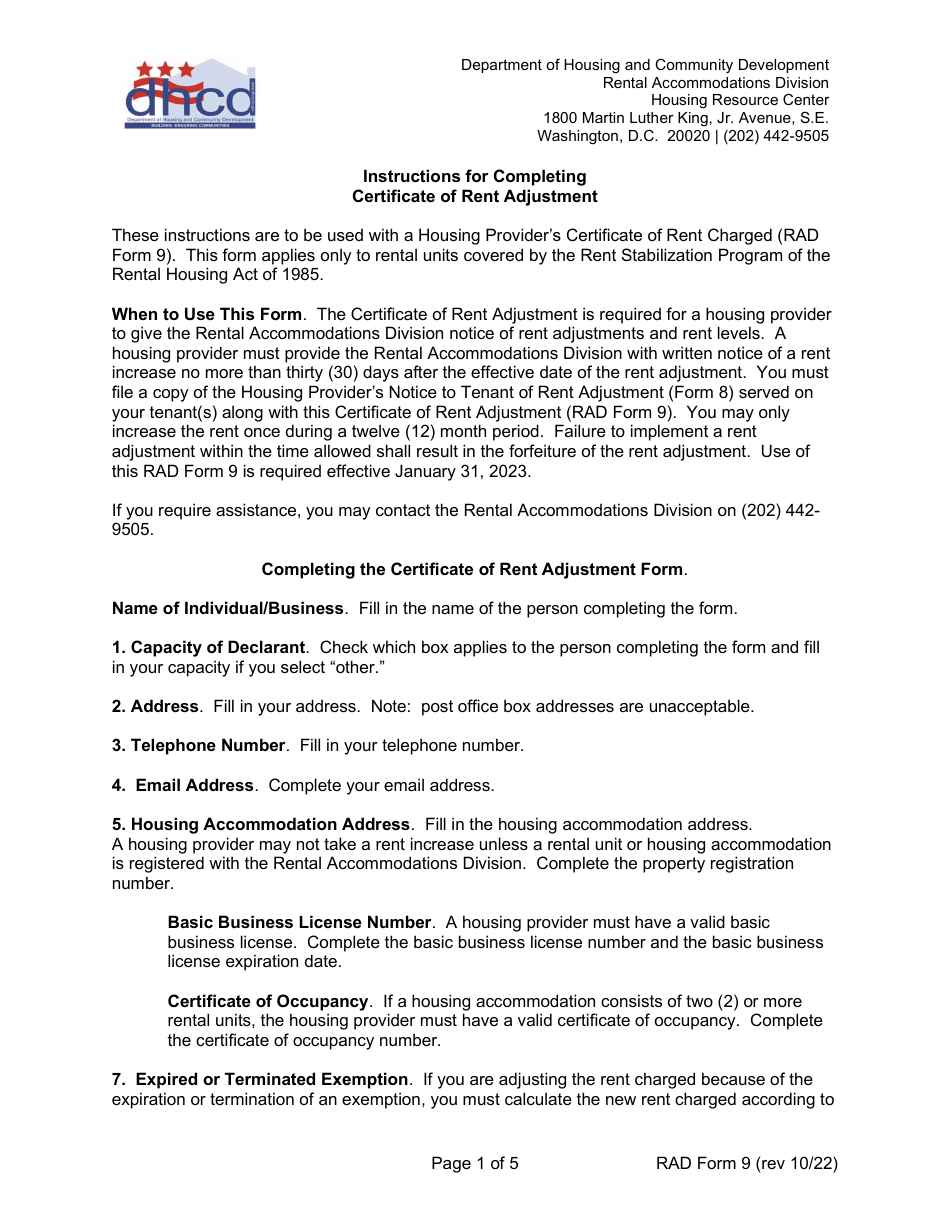 Instructions for RAD Form 9 Certificate of Rent Adjustment - Washington, D.C., Page 1