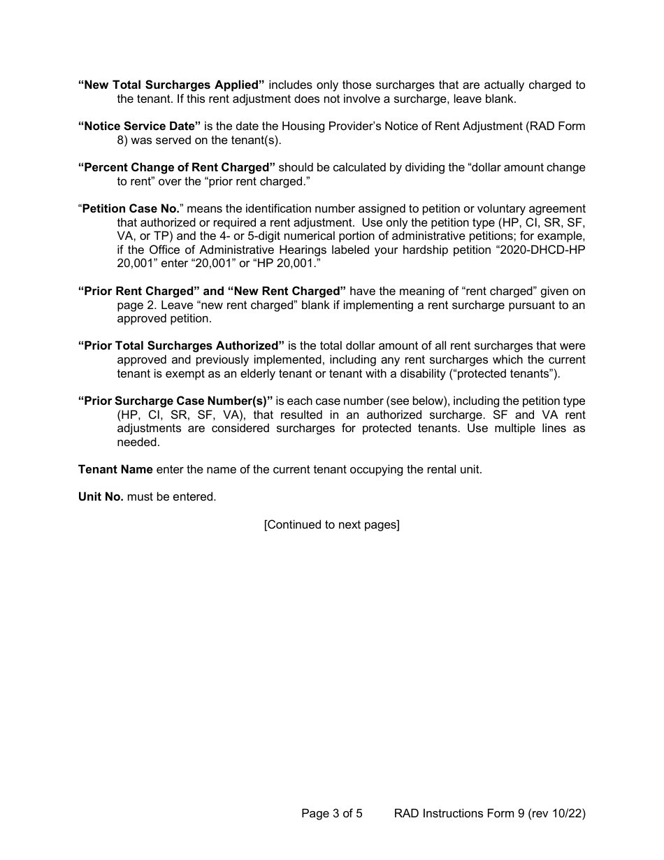 Instructions for RAD Form 9 Certificate of Rent Adjustment - Washington, D.C., Page 3
