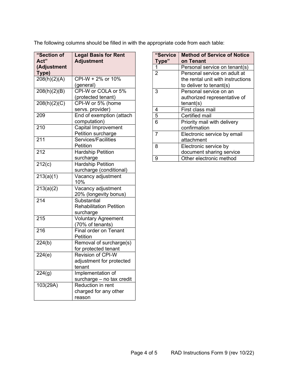 Instructions for RAD Form 9 Certificate of Rent Adjustment - Washington, D.C., Page 4