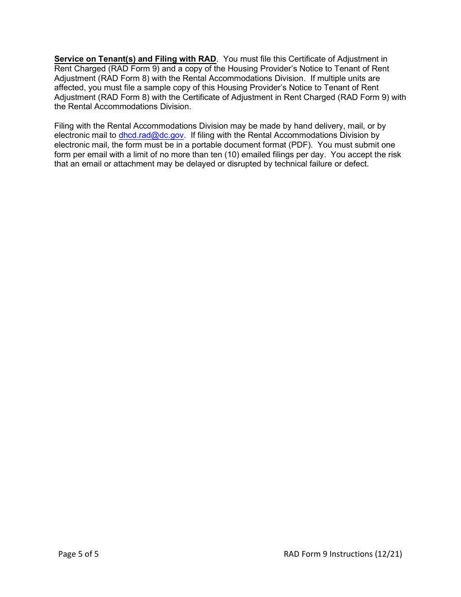 Instructions for RAD Form 9 Certificate of Rent Adjustment - Washington, D.C., Page 5
