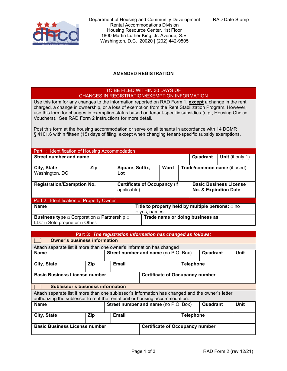 RAD Form 2 Amended Registration - Washington, D.C., Page 1