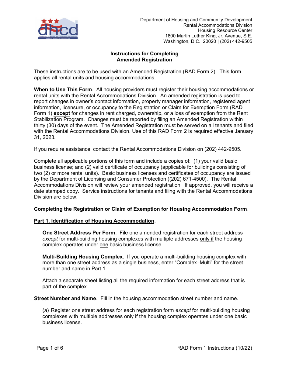 Instructions for RAD Form 2 Amended Registration - Washington, D.C., Page 1