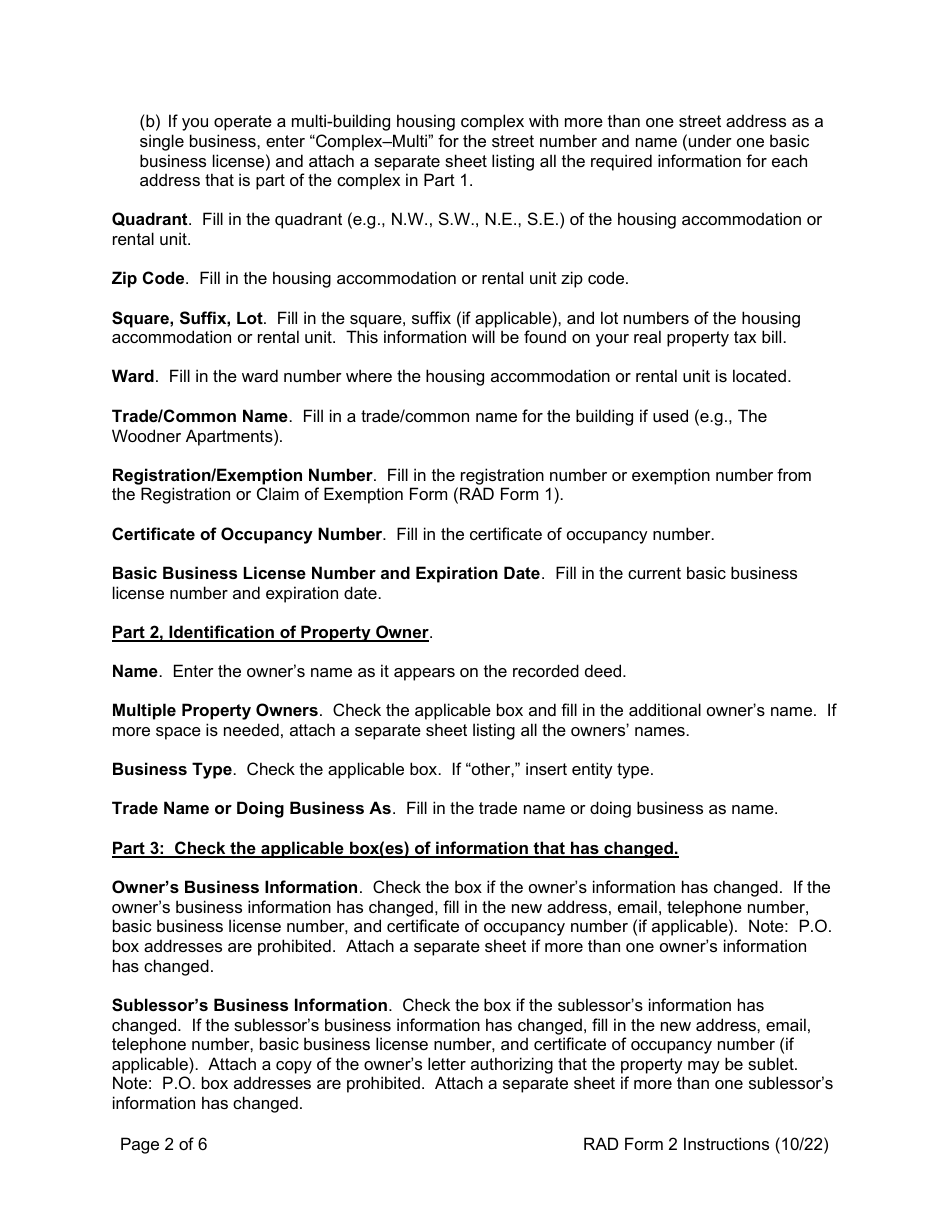 Instructions for RAD Form 2 Amended Registration - Washington, D.C., Page 2