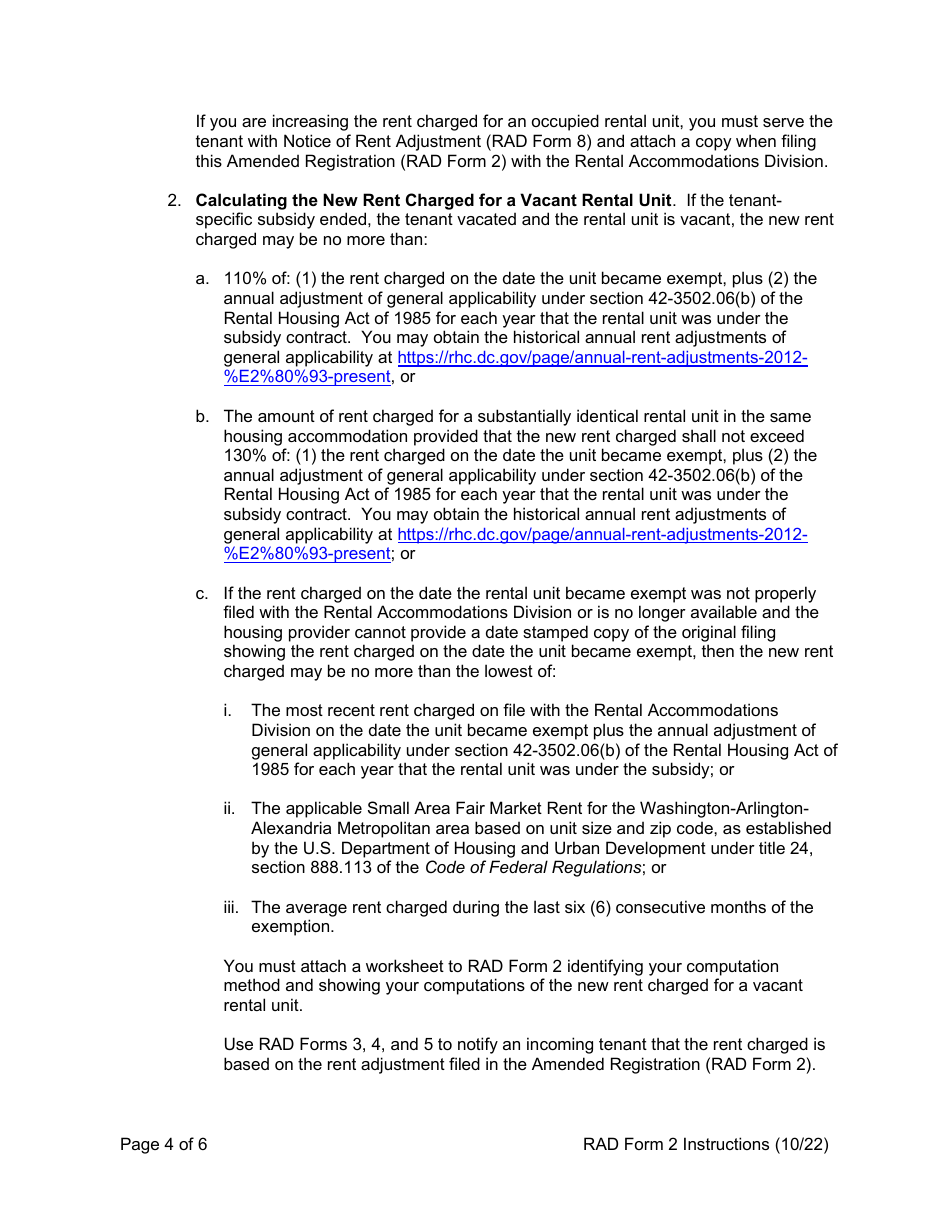 Instructions for RAD Form 2 Amended Registration - Washington, D.C., Page 4