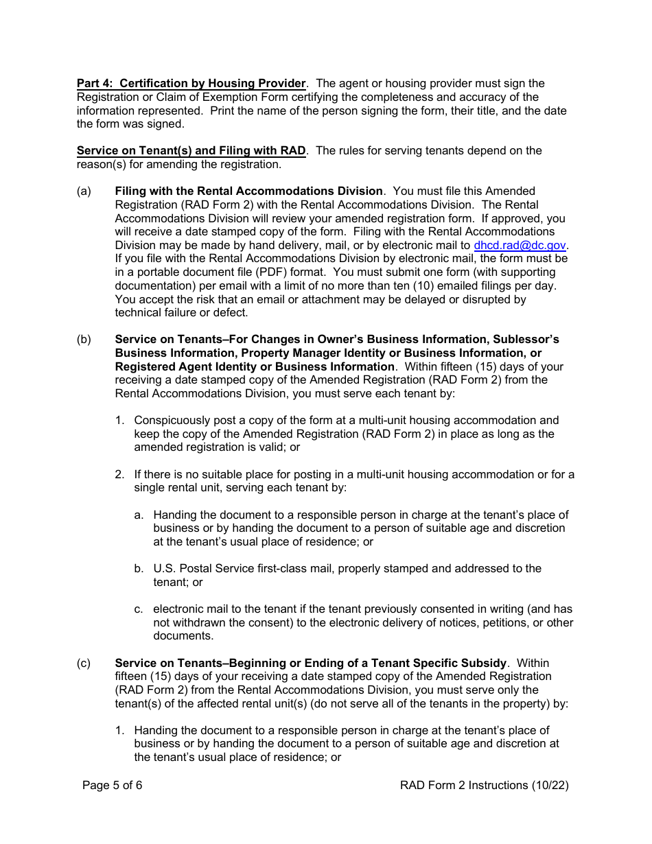 Instructions for RAD Form 2 Amended Registration - Washington, D.C., Page 5