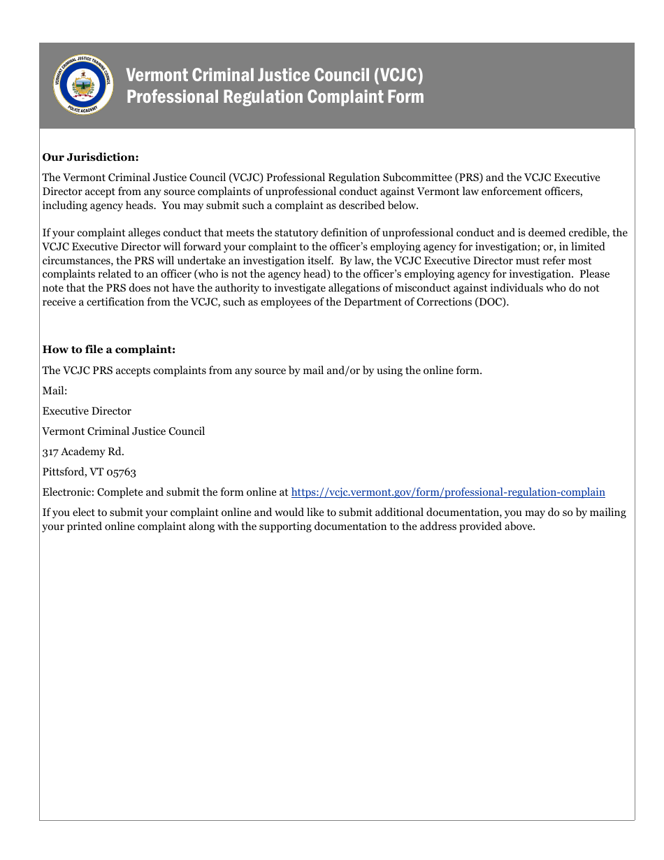 Vermont Professional Regulation Complaint Form Fill Out, Sign Online