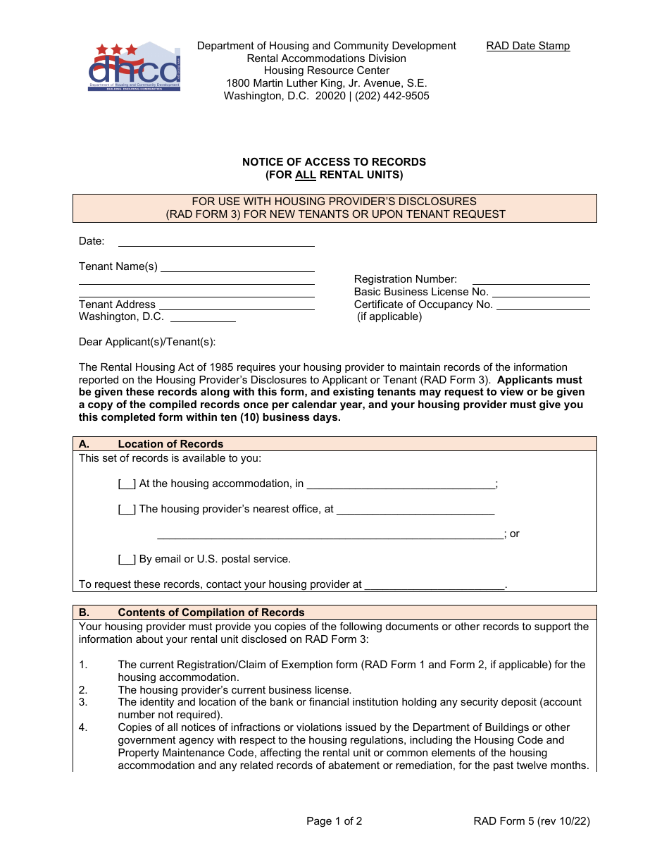 RAD Form 5 Notice of Access to Records - Washington, D.C., Page 1