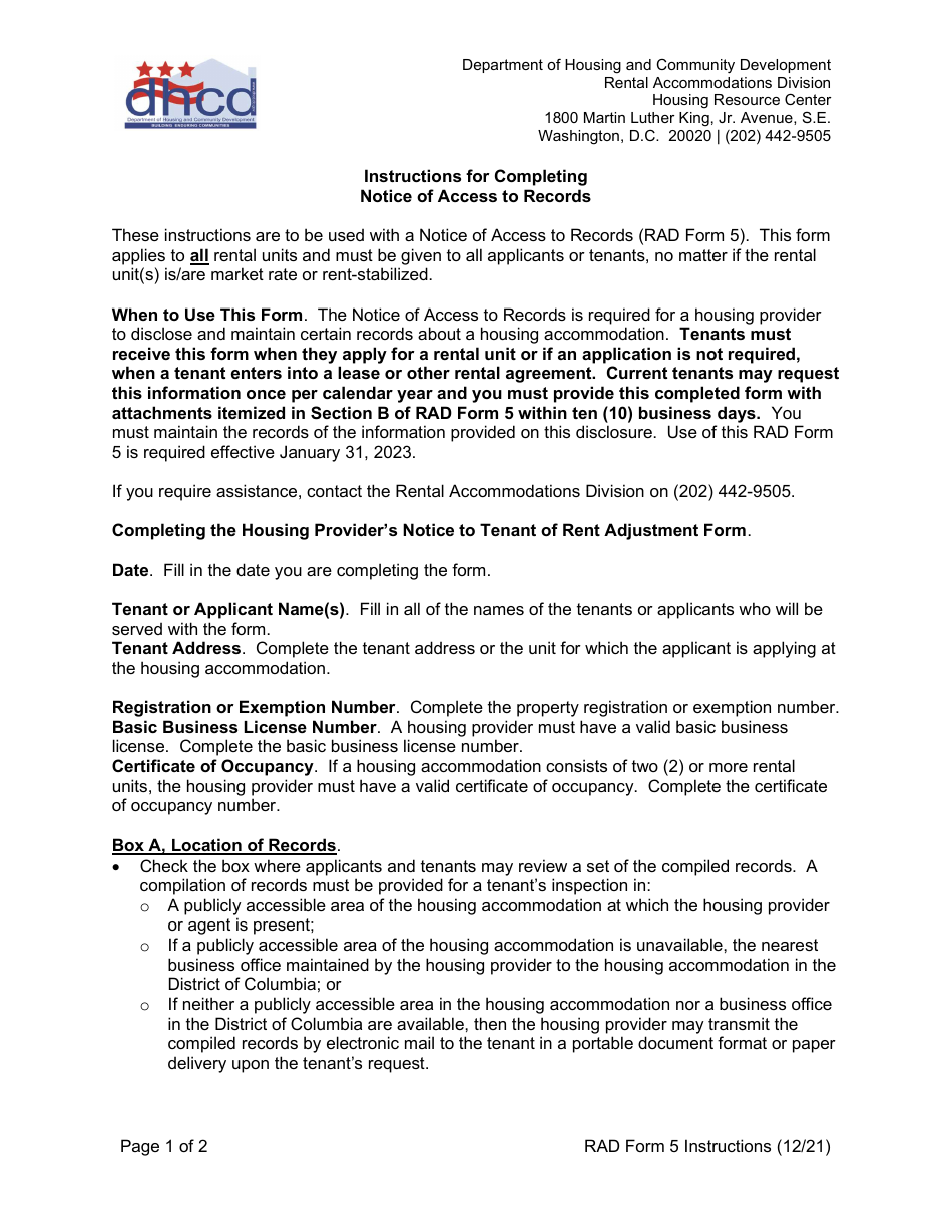 Instructions for RAD Form 5 Notice of Access to Records - Washington, D.C., Page 1