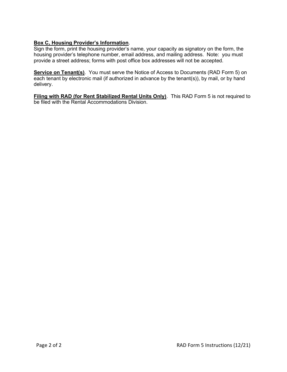 Instructions for RAD Form 5 Notice of Access to Records - Washington, D.C., Page 2