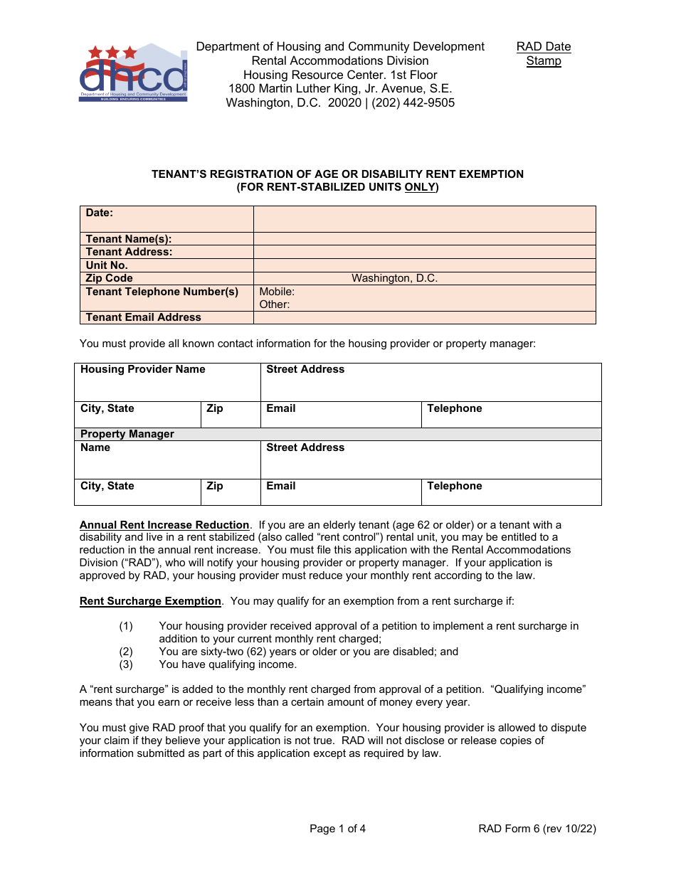 RAD Form 6 Tenants Registration of Age or Disability Rent Exemption (For Rent-Stabilized Units Only) - Washington, D.C., Page 1