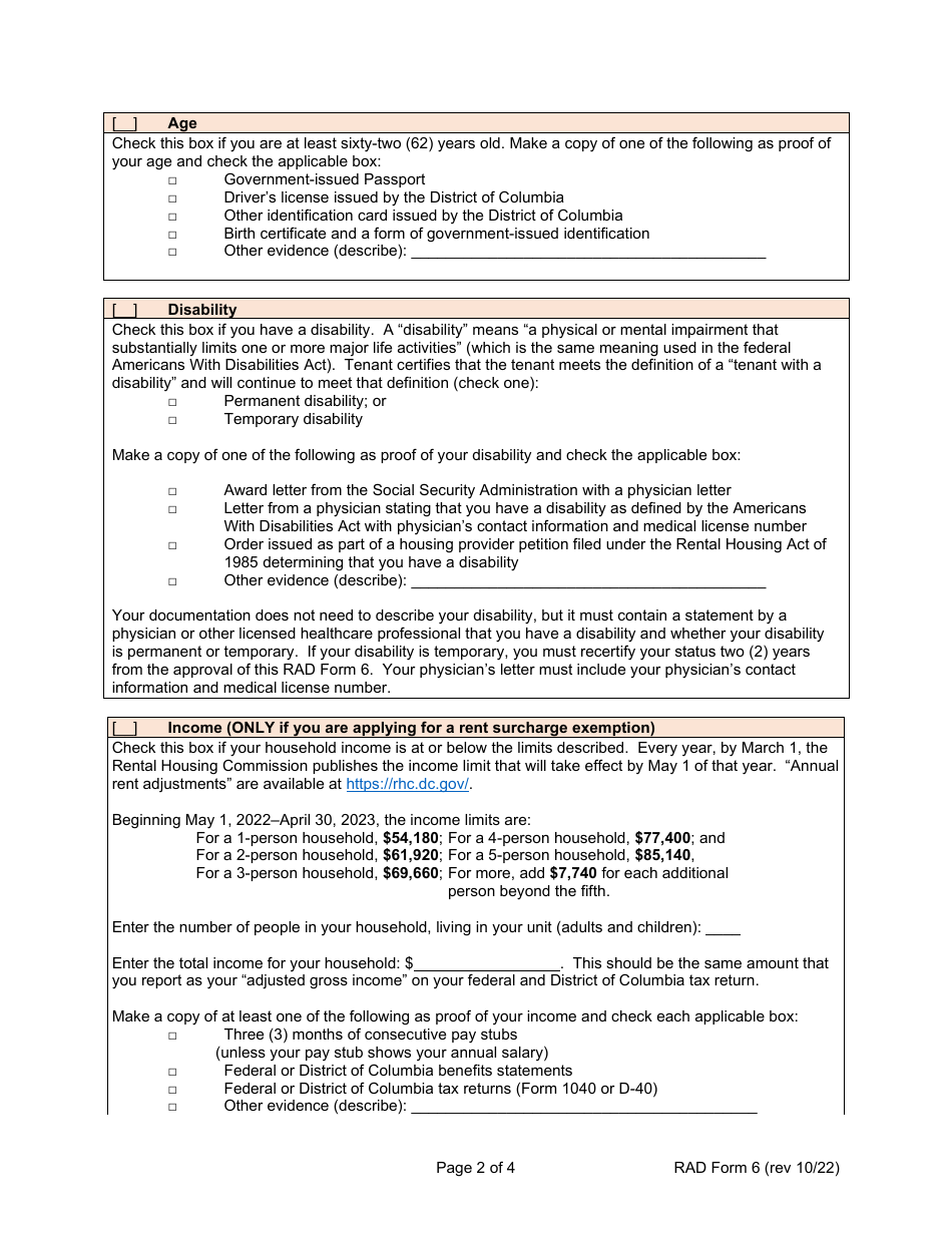 RAD Form 6 Tenants Registration of Age or Disability Rent Exemption (For Rent-Stabilized Units Only) - Washington, D.C., Page 2
