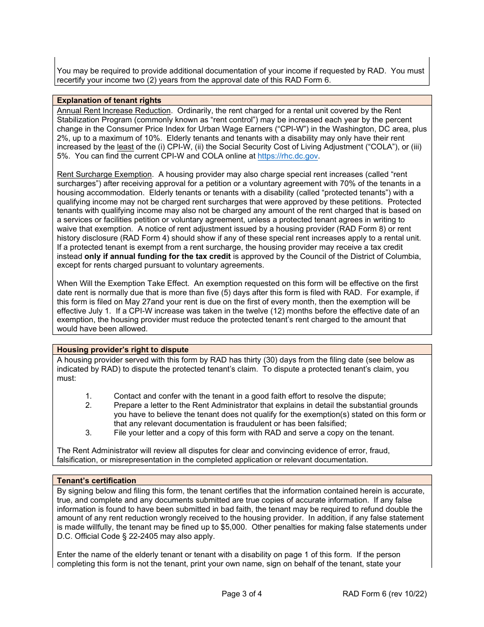 RAD Form 6 Tenants Registration of Age or Disability Rent Exemption (For Rent-Stabilized Units Only) - Washington, D.C., Page 3