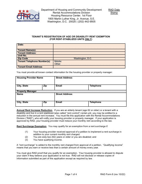RAD Form 6 Tenant's Registration of Age or Disability Rent Exemption (For Rent-Stabilized Units Only) - Washington, D.C.