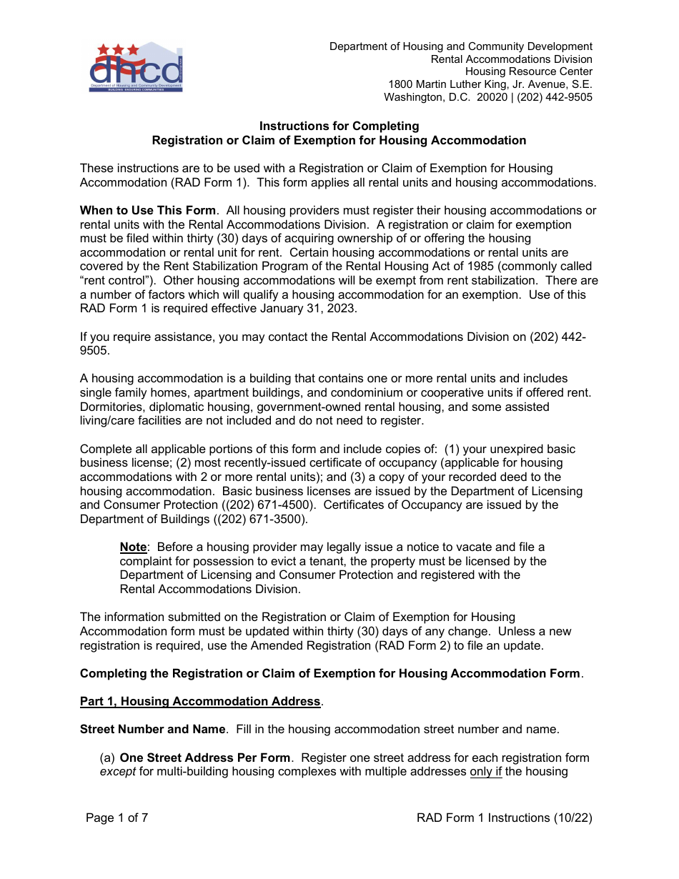 Instructions for RAD Form 1 Registration or Claim of Exemption for Housing Accommodation - Washington, D.C., Page 1
