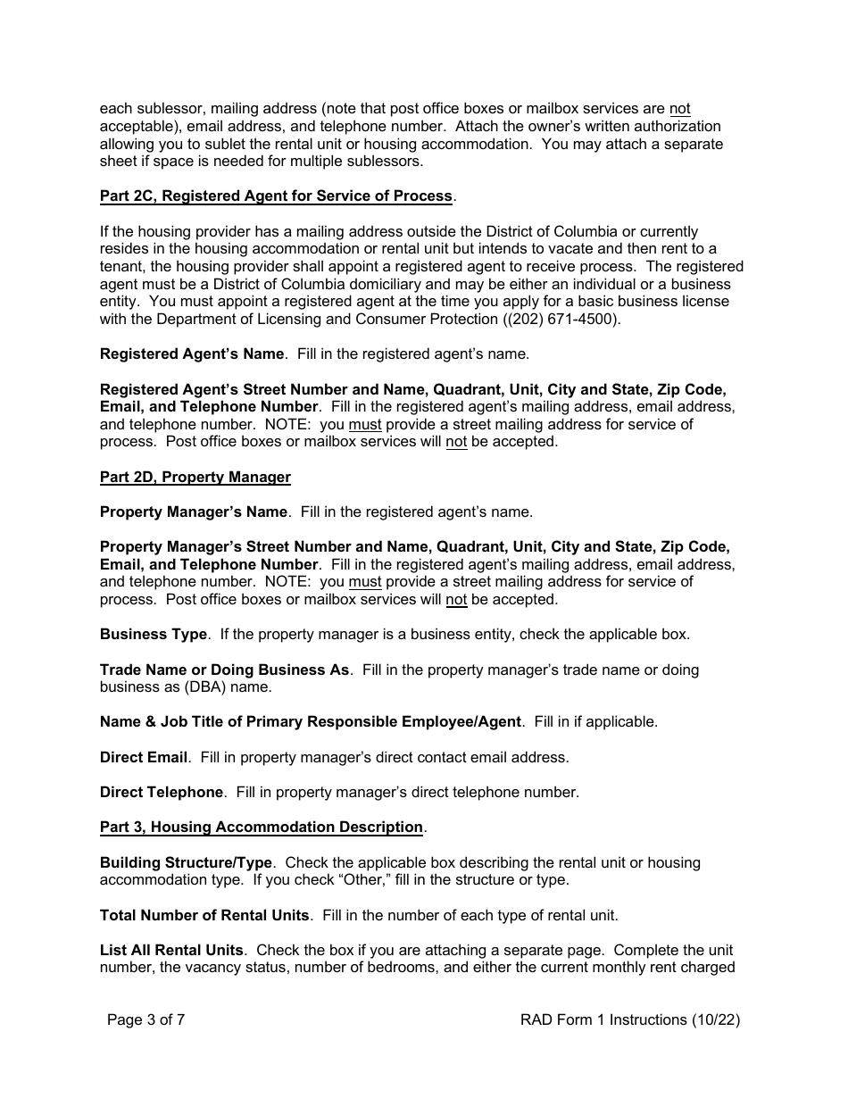 Instructions for RAD Form 1 Registration or Claim of Exemption for Housing Accommodation - Washington, D.C., Page 3