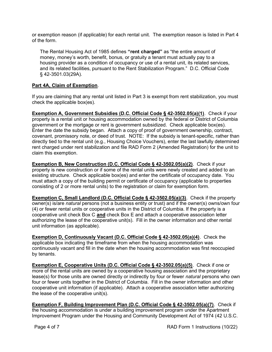 Instructions for RAD Form 1 Registration or Claim of Exemption for Housing Accommodation - Washington, D.C., Page 4