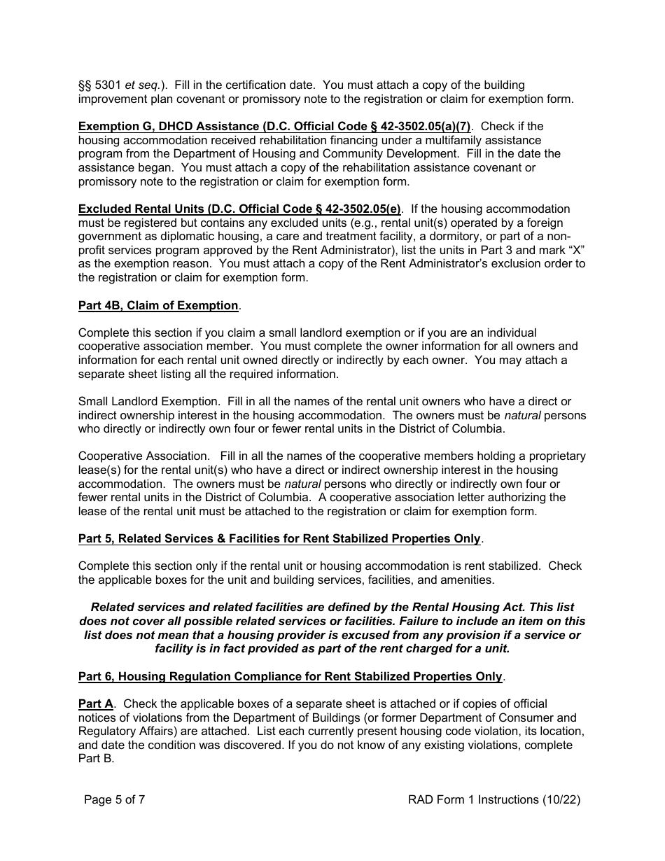 Instructions for RAD Form 1 Registration or Claim of Exemption for Housing Accommodation - Washington, D.C., Page 5