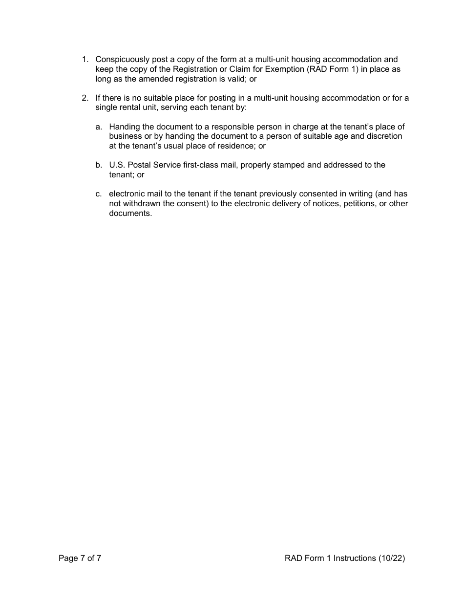 Instructions for RAD Form 1 Registration or Claim of Exemption for Housing Accommodation - Washington, D.C., Page 7