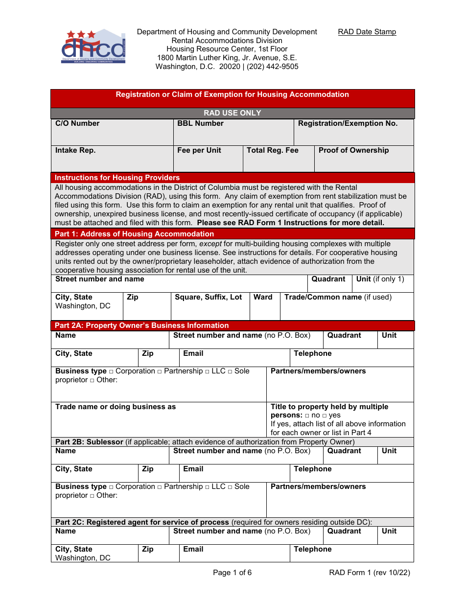 RAD Form 1 Registration or Claim of Exemption for Housing Accommodation - Washington, D.C., Page 1