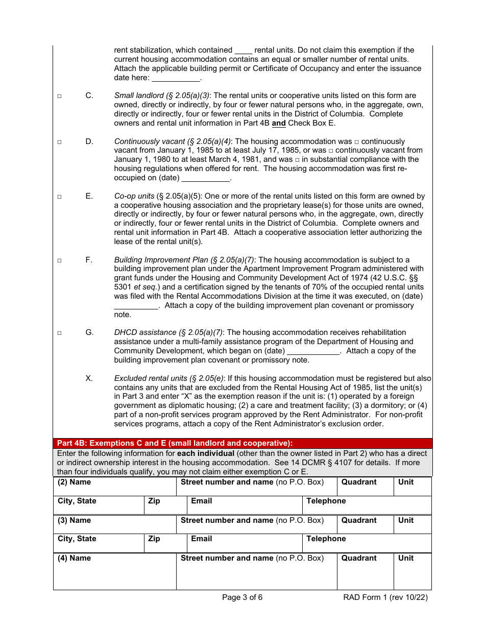 RAD Form 1 Registration or Claim of Exemption for Housing Accommodation - Washington, D.C., Page 3