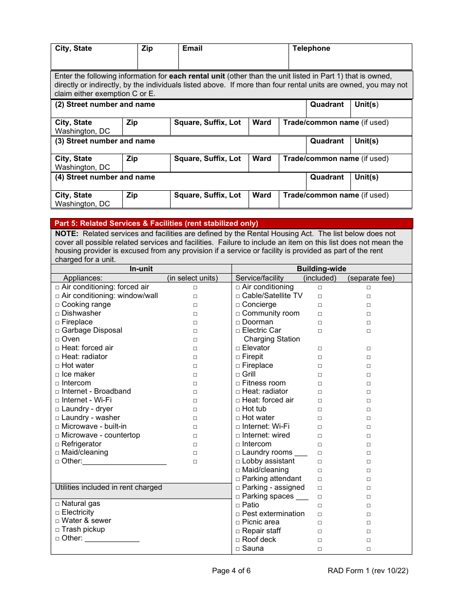 RAD Form 1 Registration or Claim of Exemption for Housing Accommodation - Washington, D.C., Page 4
