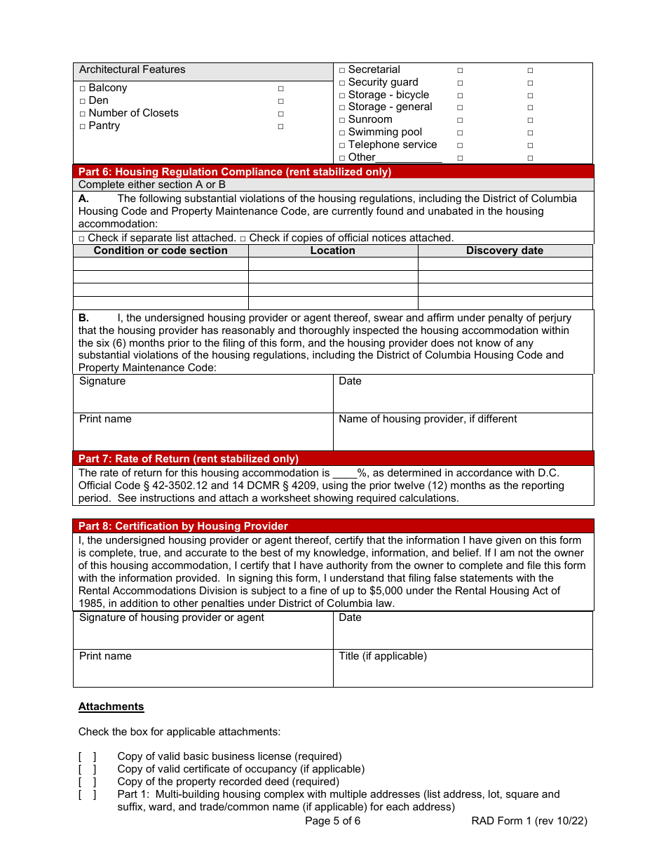 RAD Form 1 Registration or Claim of Exemption for Housing Accommodation - Washington, D.C., Page 5