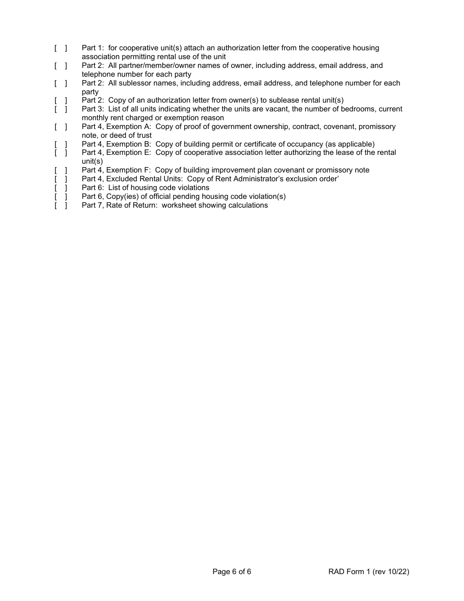 RAD Form 1 Registration or Claim of Exemption for Housing Accommodation - Washington, D.C., Page 6