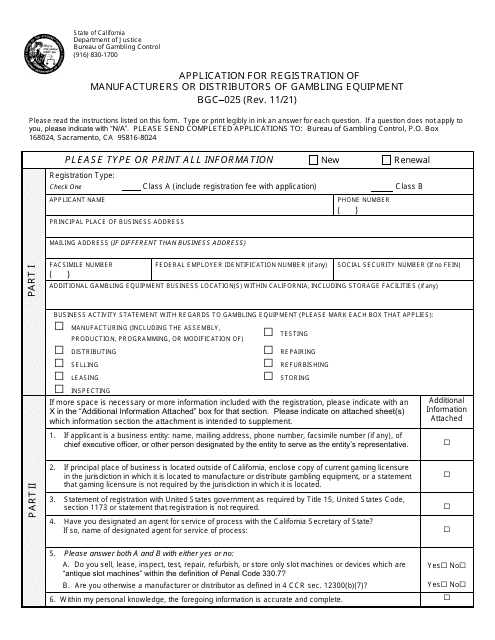 Form BGC-025 Application for Registration of Manufacturers or Distributors of Gambling Equipment - California