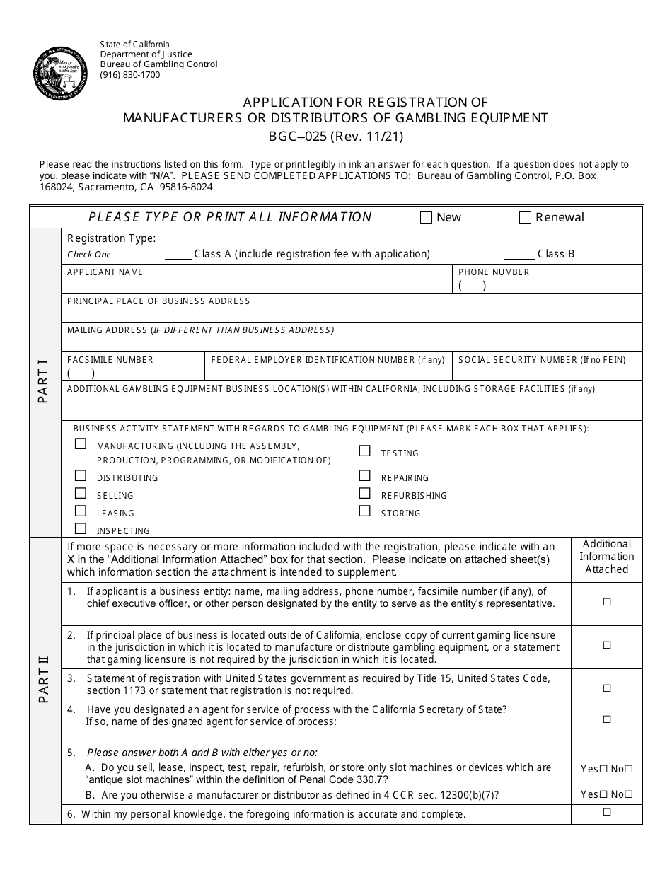 Form BGC-025 Application for Registration of Manufacturers or Distributors of Gambling Equipment - California, Page 1