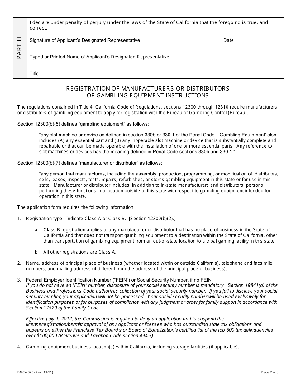 Form BGC-025 Application for Registration of Manufacturers or Distributors of Gambling Equipment - California, Page 2