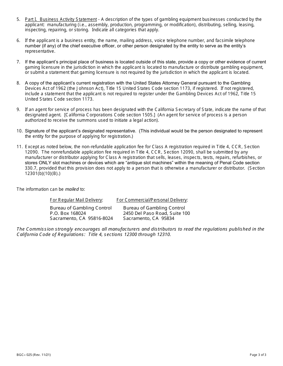 Form BGC-025 Application for Registration of Manufacturers or Distributors of Gambling Equipment - California, Page 3