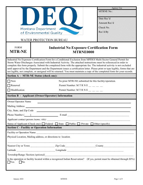 Form MTR-NE Industrial No Exposure Certification Form - Montana