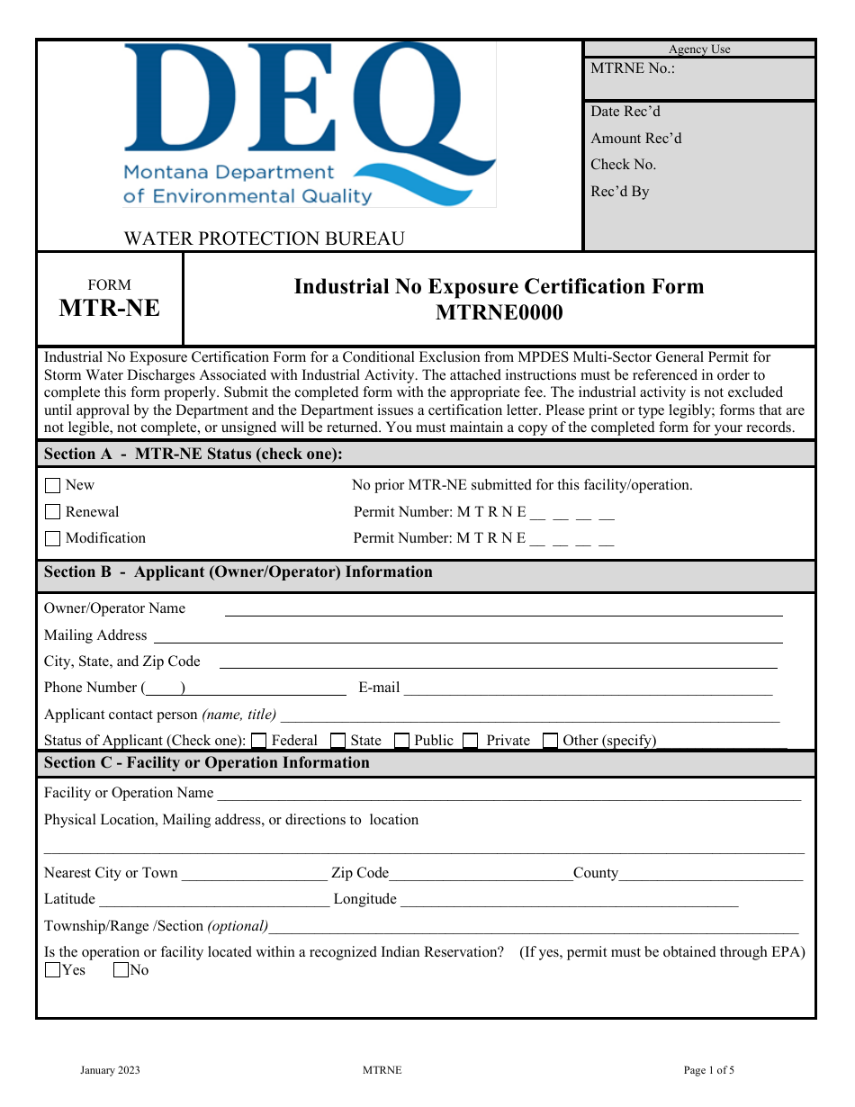 Form MTR-NE Industrial No Exposure Certification Form - Montana, Page 1