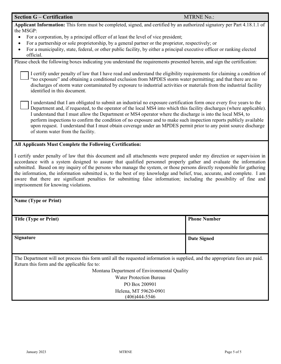 Form MTR-NE Industrial No Exposure Certification Form - Montana, Page 5