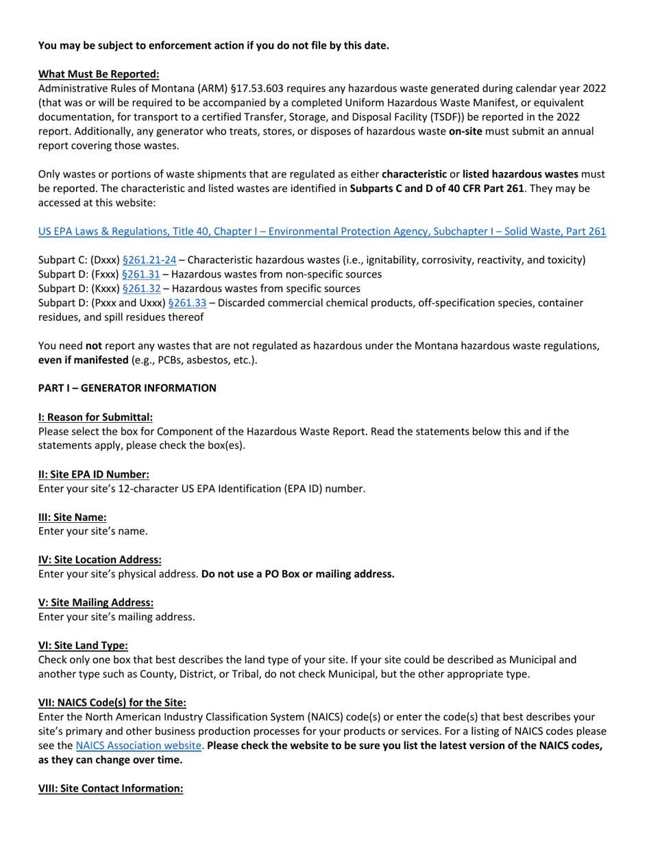 Instructions for Montana Hazardous Waste Generator Annual Report - Montana, Page 2