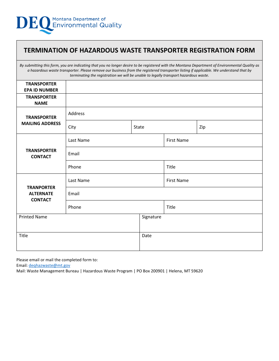 Termination of Hazardous Waste Transporter Registration Form - Montana, Page 1